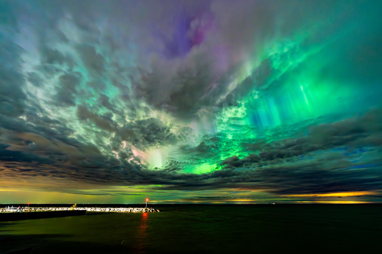 Intense aurora curtains above Green Bay, Wisconsin.